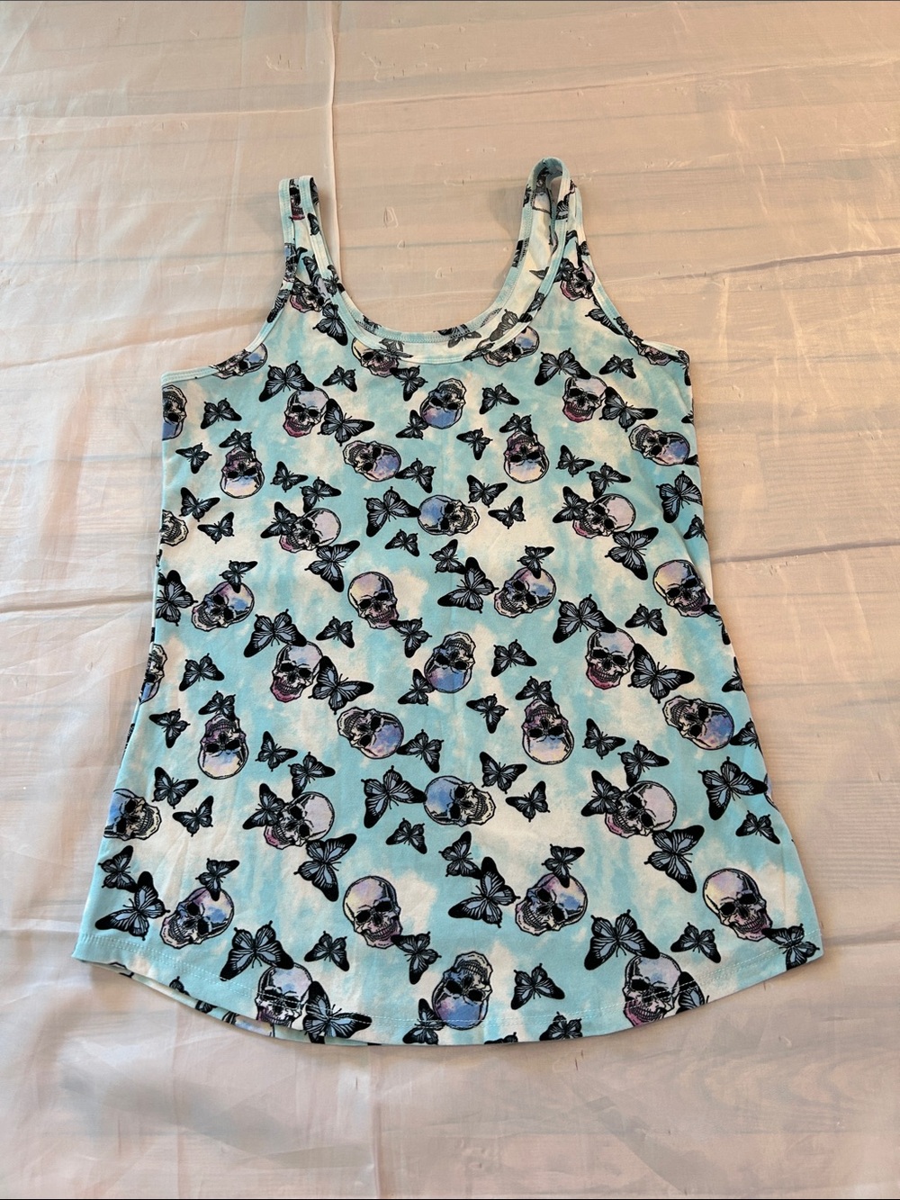 No Boundaries Light Blue Skull & Butterfly Print Tank Top